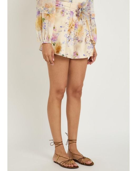 Zimmermann Natural Luna Floral Belted Silk-Blend Shorts