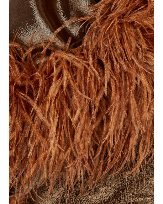 ‎Taller Marmo Brown Ubud Feather-trimmed Lamé Maxi Dress