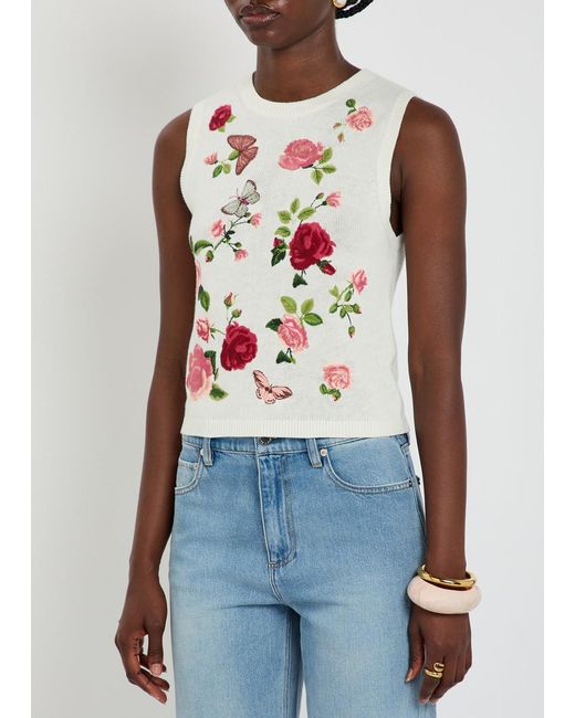 Alice + Olivia White Reva Floral-Embroidered Knit Top