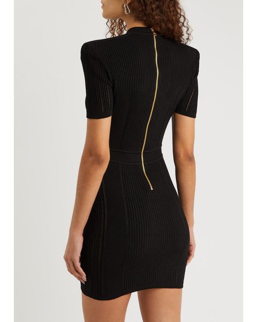 Balmain Black Lace-up Ribbed-knit Mini Dress