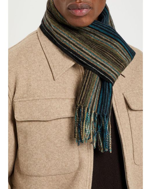 Paul Smith Gray Trent Striped Logo-Embroidered Wool Scarf for men