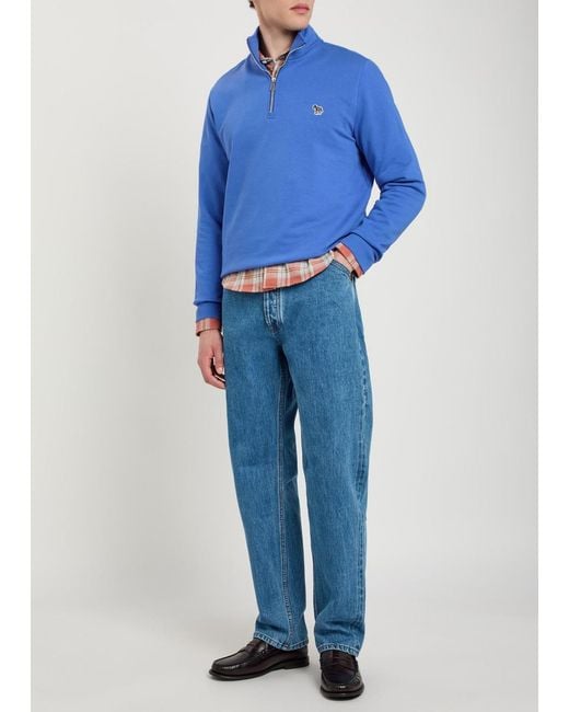 Paul Smith Blue Appliquéd Half-Zip Cotton Sweatshirt for men
