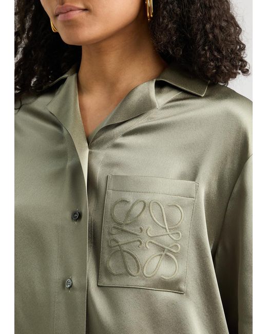 Loewe Green Anagram-Embroidered Silk-Satin Shirt