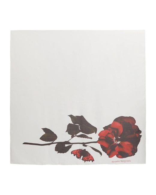 Alexander McQueen White Rose And Logo Print Silk Scarf