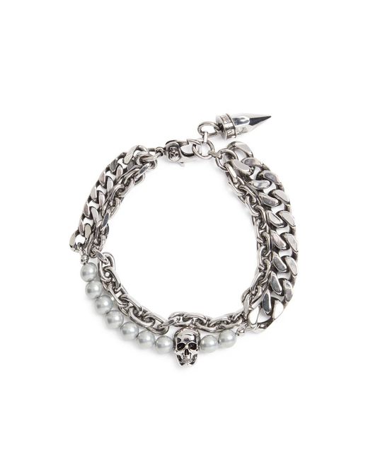 Alexander McQueen Metallic Skull Embellished Double Chain Bracelet for men