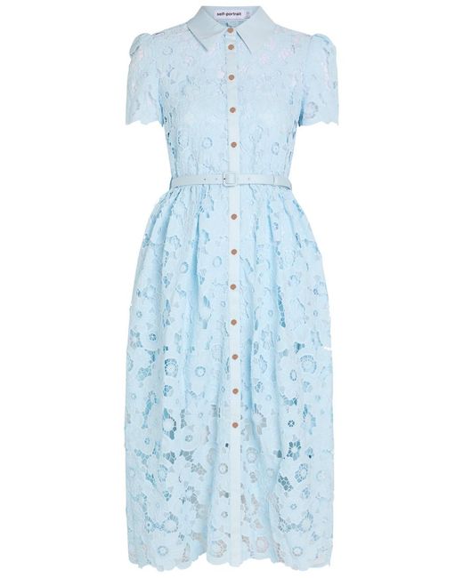 Self-Portrait Blue Belted Guipure-Lace Midi Shirt Dress