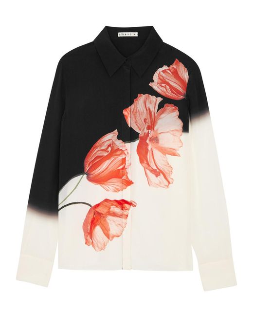 Alice + Olivia Black Brady Floral-Print Silk Shirt
