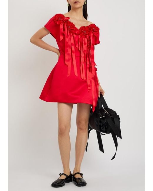 Simone Rocha Red Rosette-Appliquéd Duchess Satin Mini Dress