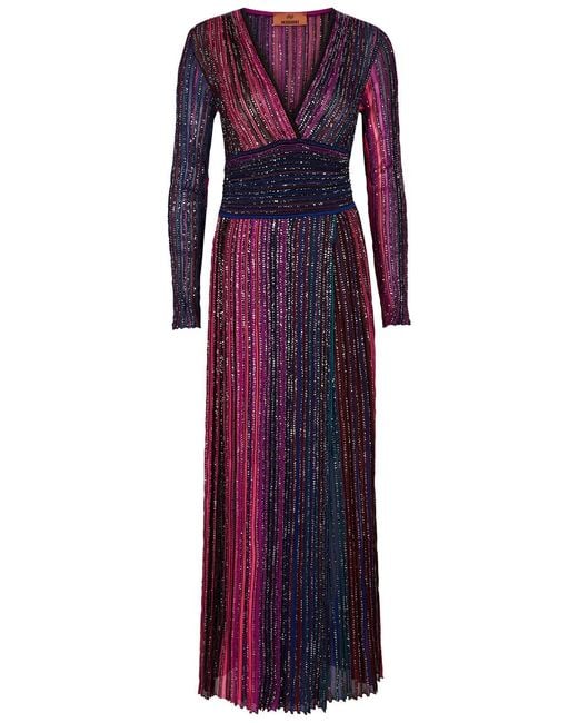 Missoni Purple Striped Embellished Fine-knit Maxi Dress