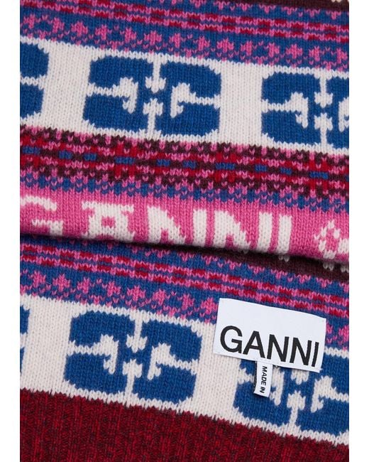 Ganni Red Striped Logo-intarsia Wool-blend Scarf