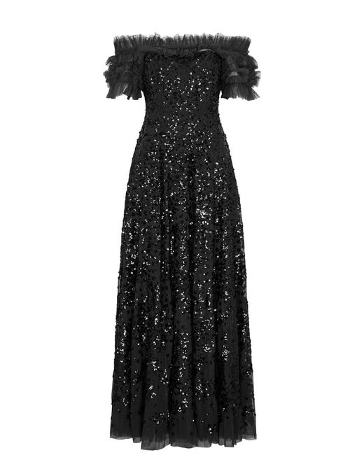 Needle & Thread Black Sequin Wreath Off-the-shoulder Tulle Gown