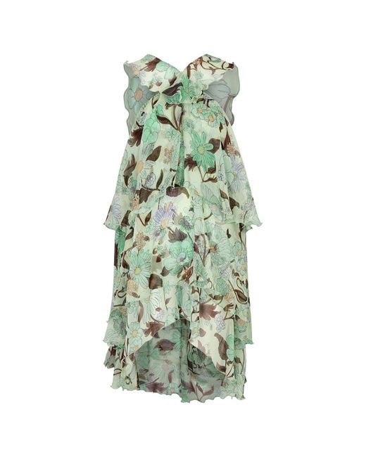Stella McCartney Green Floral-print Tiered Silk-chiffon Mini Dress