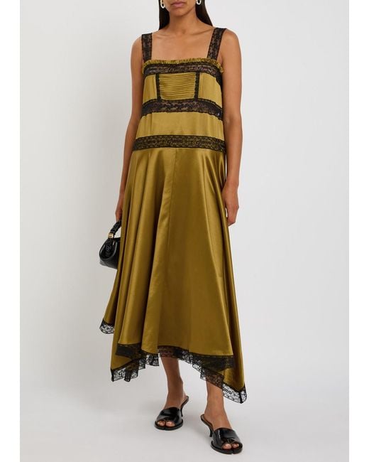 Ganni Natural Lace-Trim Satin Midi Slip Dress