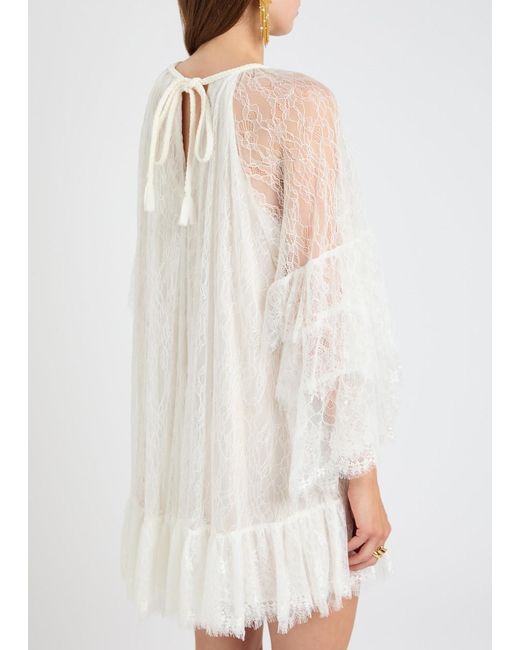 Alice + Olivia White Delia Ruffled Lace Mini Dress