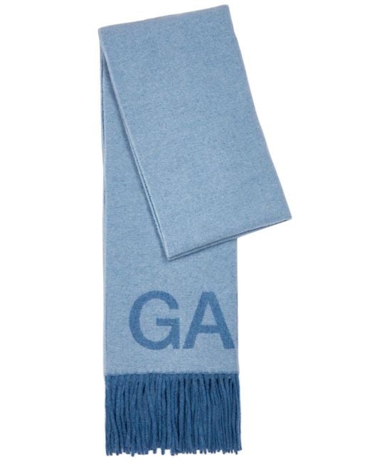 Ganni Blue Logo Fringed Wool Scarf