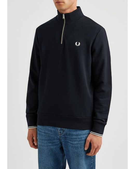 Fred Perry Blue Logo-embroidered Cotton Half-zip Sweatshirt for men