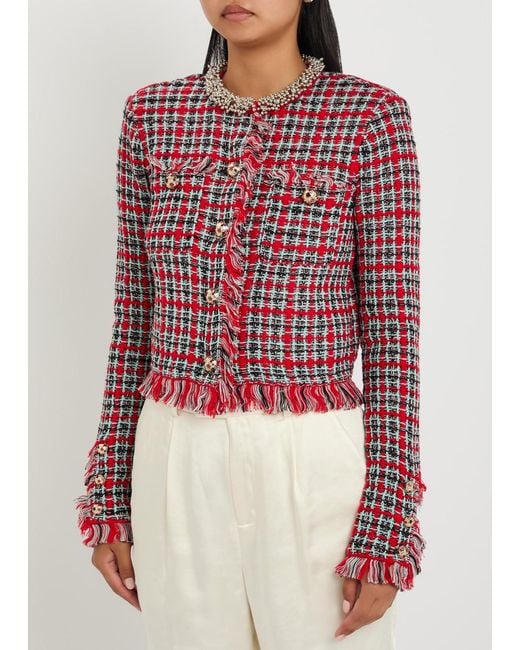 Self-Portrait Red Checked-Knit Cotton-Blend Jacket