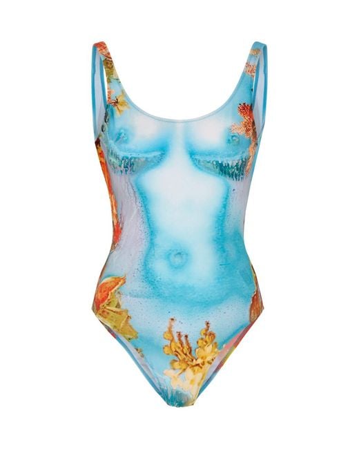 Jean Paul Gaultier Blue Body Flowers Printed Swimsuit