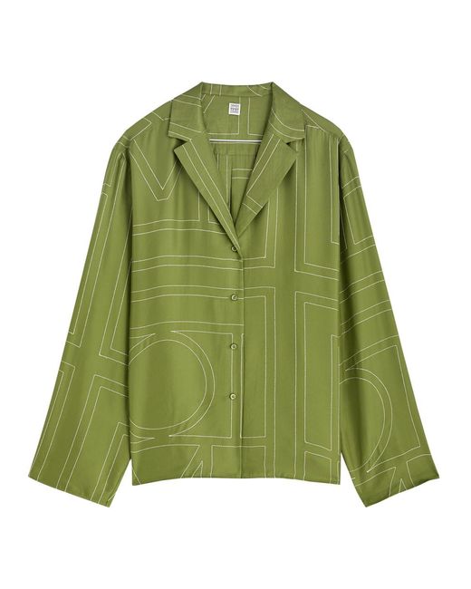 Totême  Green Logo-Embroidered Silk-Satin Shirt