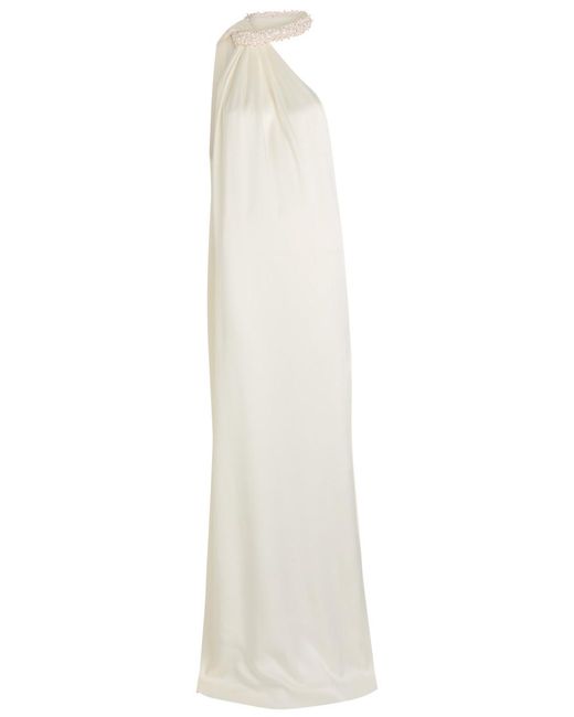 Stella McCartney White Faux Pearl-Embellished Satin Gown