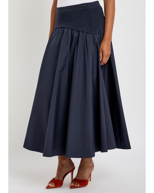 Jonathan Simkhai Blue Ovie Knit-Waist Cotton-Poplin Midi Skirt