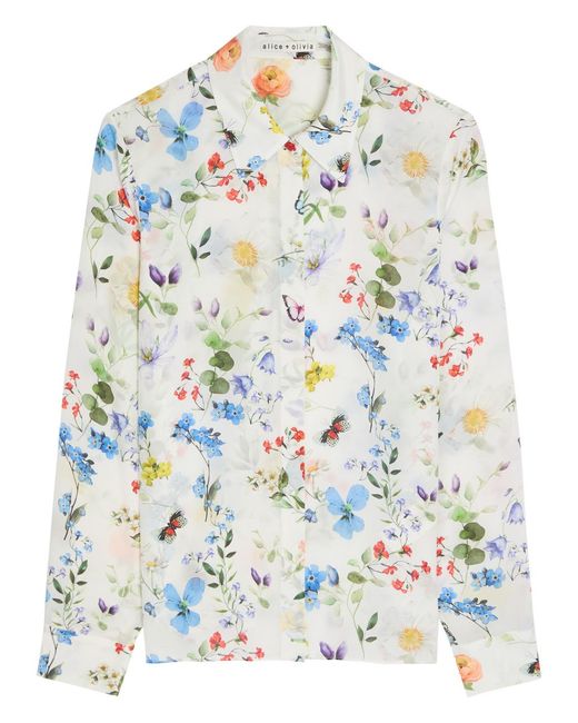 Alice + Olivia Gray Willa Floral Print Silk Shirt