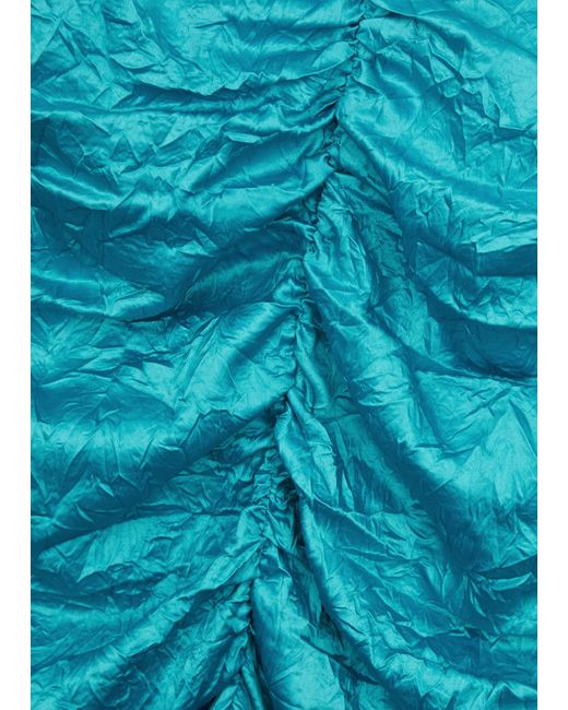 Ganni Blue Crinkled Ruched Satin Midi Dress