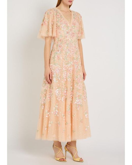 Needle & Thread Natural Sequin Bouquet Embellished Cape-Effect Tulle Gown