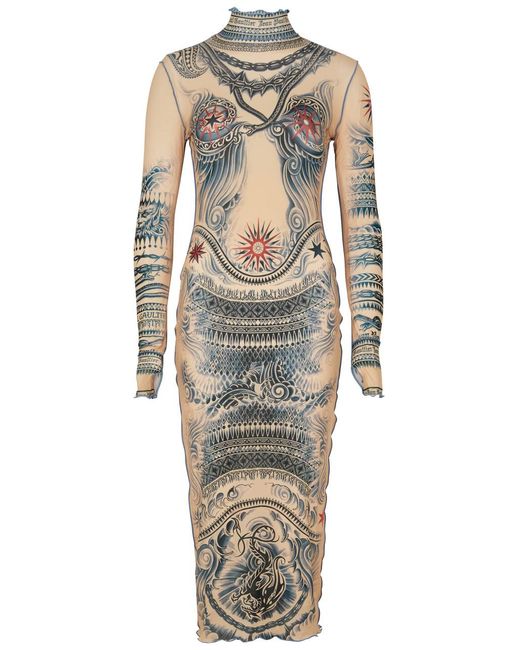 Jean Paul Gaultier Natural Sun Tattoo Printed Stretch-Jersey Midi Dress