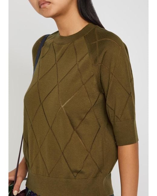 Dries Van Noten Green Tuan Diamond-Stitch Merino Wool Top