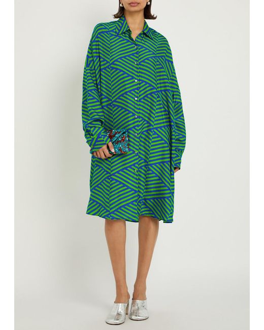 Dries Van Noten Green Dasia Striped Silk Midi Shirt Dress