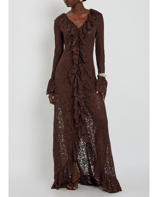 De La Vali Brown Clementina Ruffled Guipure Lace Maxi Dress