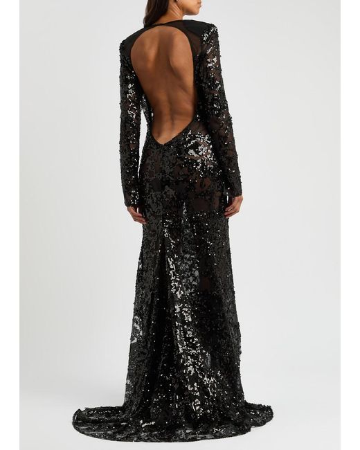Victoria Beckham Black Sequin-Embellished Open-Back Tulle Gown