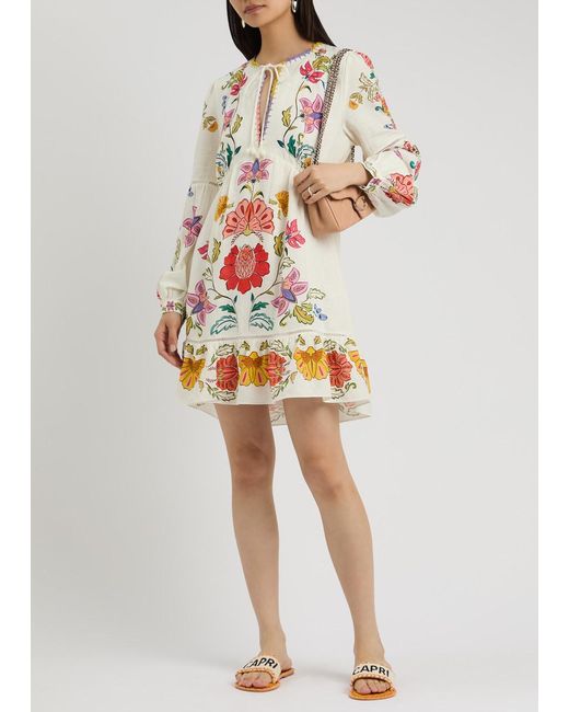 Farm Rio White Floral Insects Printed Linen-Blend Mini Dress
