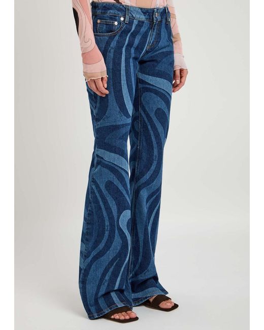Emilio Pucci Blue Wave-Printed Flared-Leg Jeans