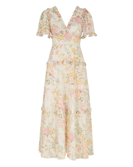 Needle & Thread Natural Sunrise Bloom Floral-print Cotton Midi Dress