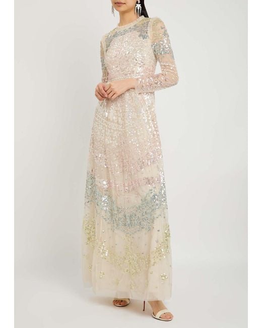 Needle & Thread Natural Angeline Sequin-Embellished Tulle Gown