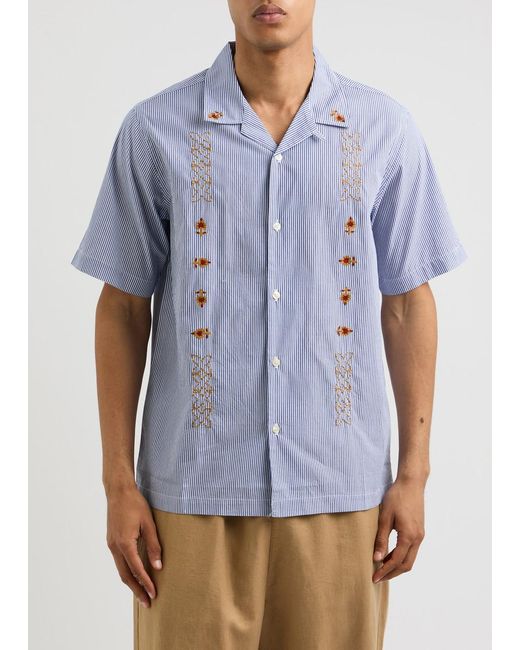 Universal Works Blue Road Striped Embroidered Cotton Shirt for men