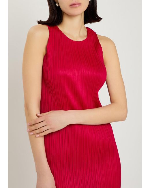 Pleats Please Issey Miyake Red Pleated Woven Midi Dress