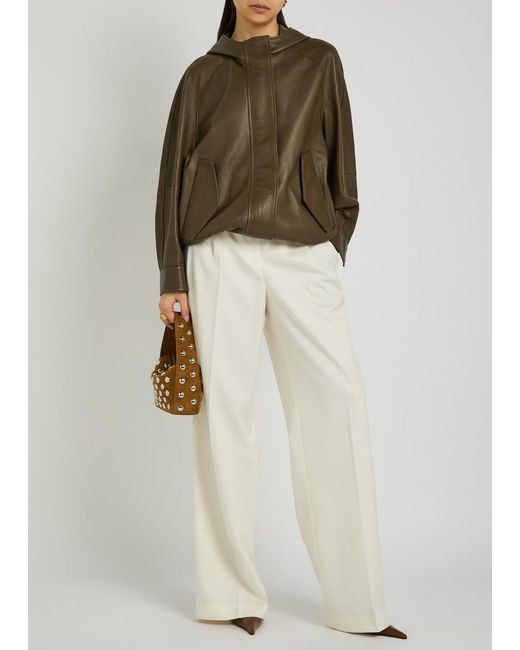Nour Hammour Green Hooded Grained Leather Jacket