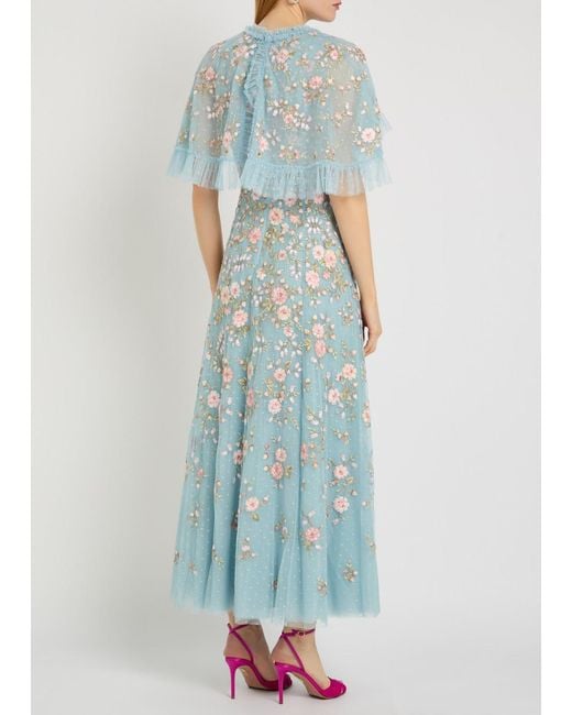 Needle & Thread Blue Eden Rose Embroidered Cape-Effect Tulle Gown