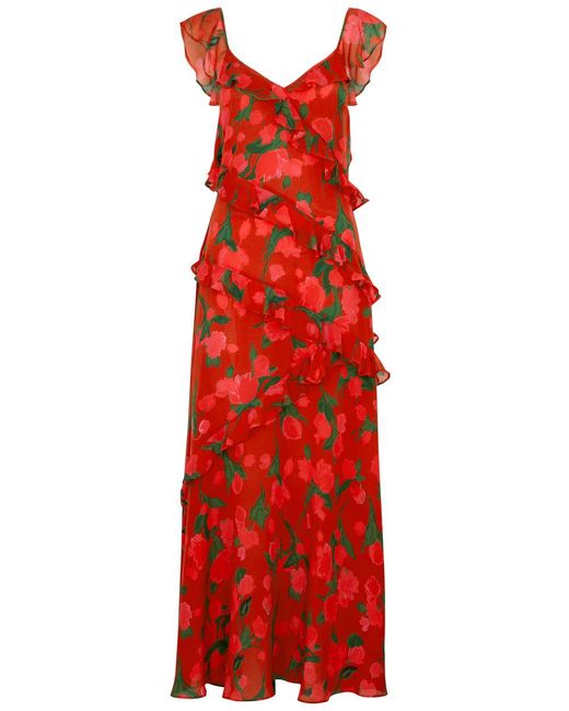 Rixo Red Gail Printed Ruffled Silk Maxi Dress
