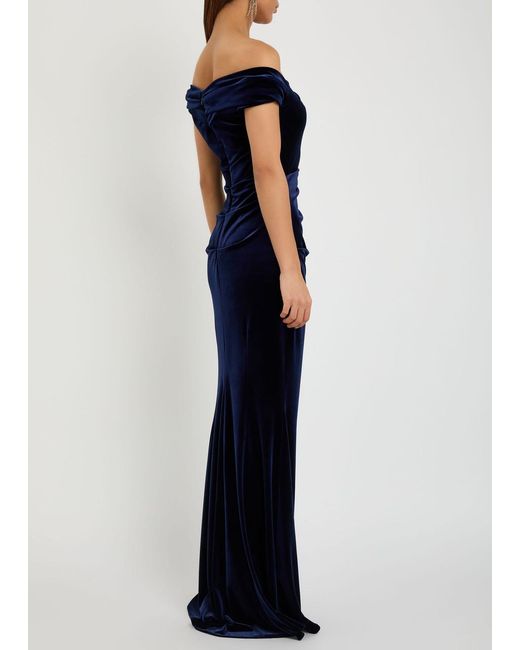 Talbot Runhof Blue Off-The-Shoulder Velvet Gown