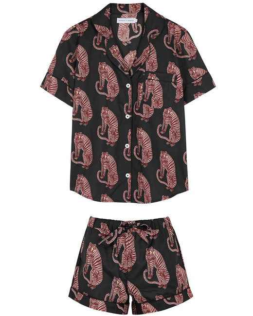 Desmond & Dempsey Black Sansindo Tiger Printed Cotton Pyjama Set