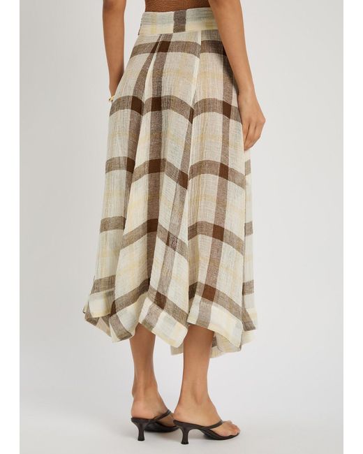Lisa Marie Fernandez Natural Checked Belted Linen-Blend Midi Skirt