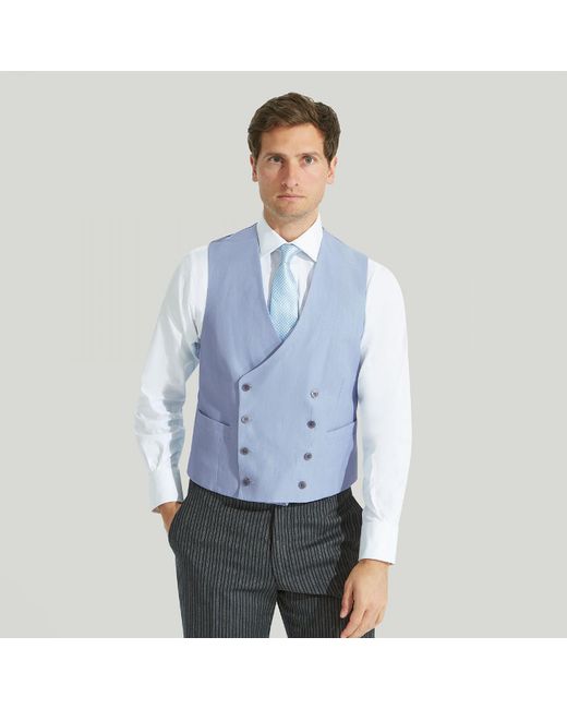 Harvie & Hudson Sky Blue Double Breasted Linen Waistcoat for men