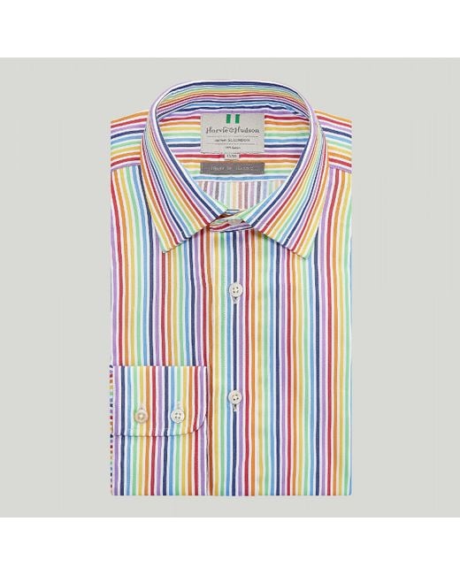 Harvie & Hudson Blue Multi Stripe Button Cuff Classic Fit Shirt for men