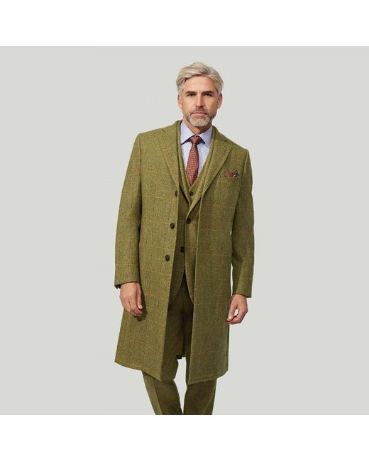 Harvie & Hudson Olive Green Check Long Wool Coat for men