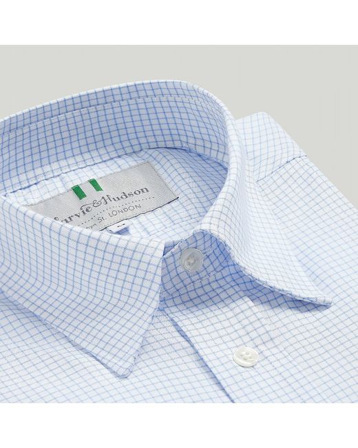 Harvie & Hudson Blue Grid Check Button Down Cotton Shirt for men