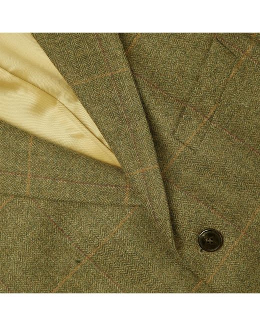 Harvie & Hudson Olive Green Check Long Wool Coat for men